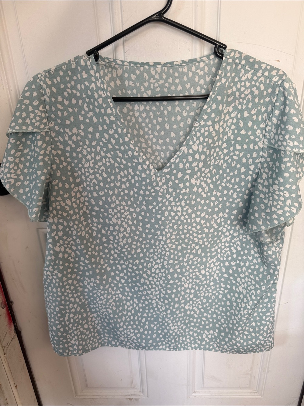 SHEIN Mint Green White Dot V-Neck Flutter Sleeve Blouse